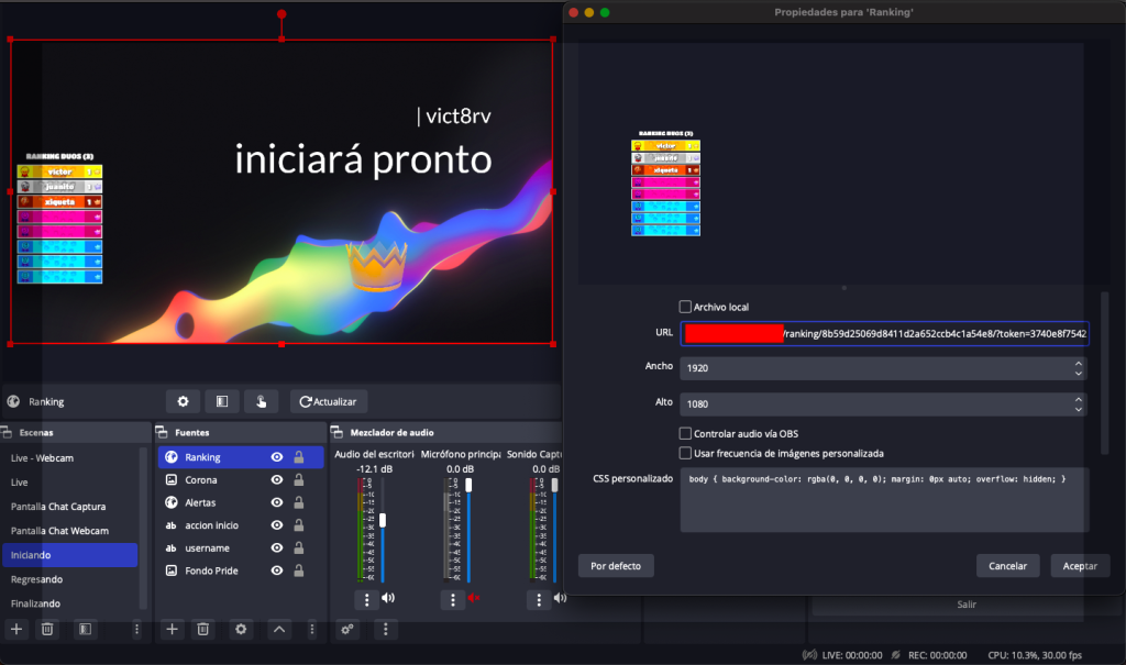 Propiedades Fuente web OBS